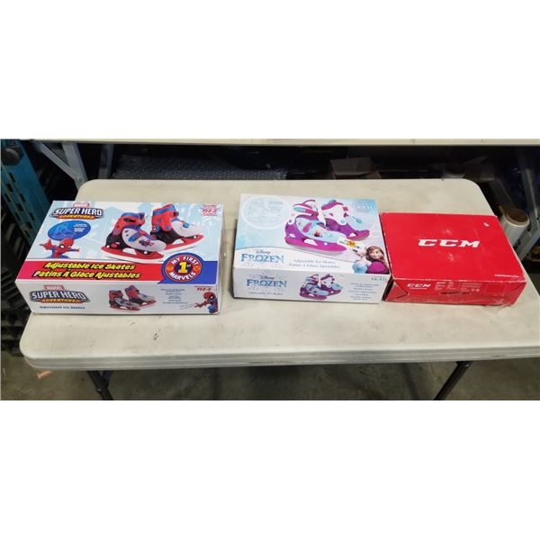 3 NEW PAIRS YOUTH SKATES - CCM SIZE 9, SIZE 8-11  AND 12-2