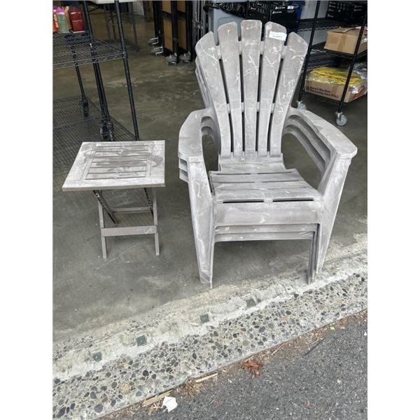 3 LAWN CHAIRS AND FOLDABLE SIDE TABLE