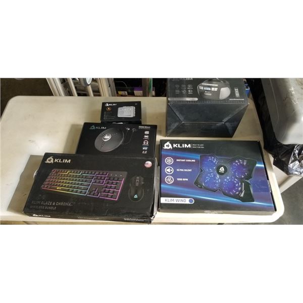 KLIM ITEMS INCLUDING WIND LAPTOP COOLER, CD-CASETTE PLAYER, BLAZE & CHROMA KEYBOARD WIRELESS BUNDLE,