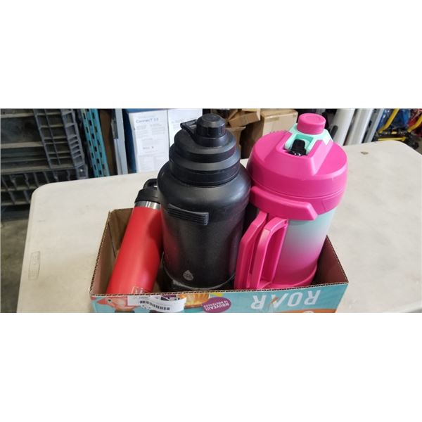 YETI STAINLESS STEEL WATER BOTTLE AND 2 LARGE WATER JUGS