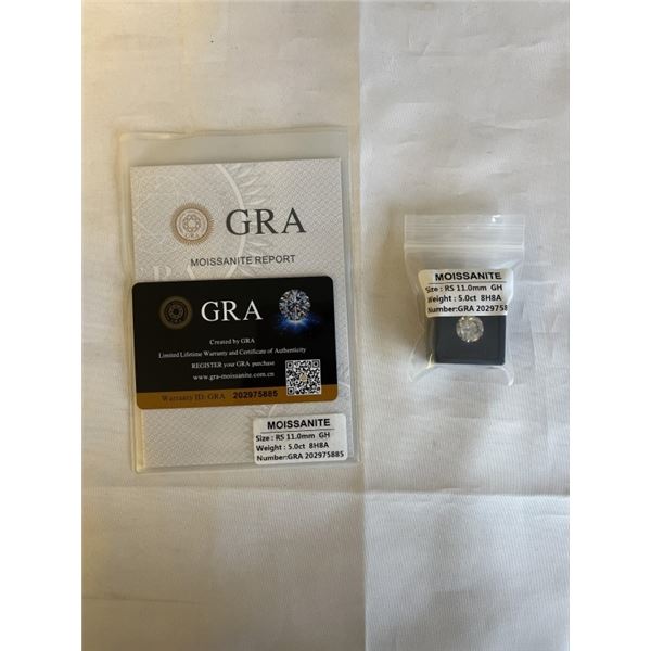 NEW 5.0CT MOISSANITE STONE, ROUND BRILLIANT CUT, GH-VVS1 GRA REPORT, TESTS POSITITVE W/ DIAMOND TEST