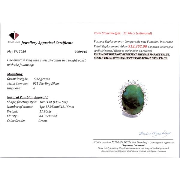 6.42 CT CERTIFIED SILVER EMERALD GEMSTONE RING ($12,352 APPRAISAL)