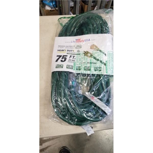 HEAVY DUTY 75 FT LIGHTED INDOOR / OUTDOOR 3-WIRE GROUNDED GREEN  EXTENSION CORD. 10AWG/3C