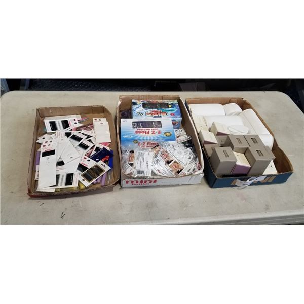 TRAY OF RING DISPLAY STANDS, FLOSS STICKS AND NEW CRAFTING NEEDLES ETC