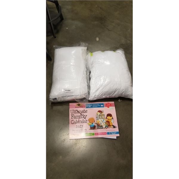 2 NEW STANDARD SIZE PILLOWS, GOHOME BRAND AND 2027 FAMILY CALENDAR