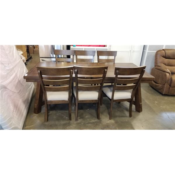 SOLID DINING TABLE WITH 6 CHAIRS, 90 INCH X 42 INCH WITH EXTENSION TUCKED AWAY