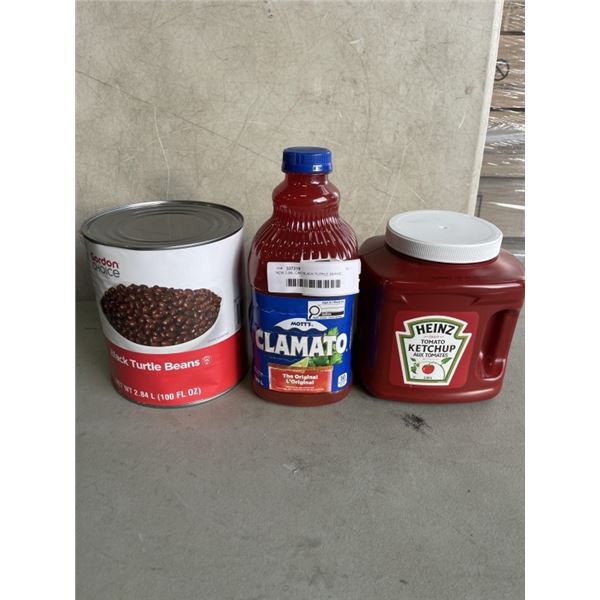 NEW 2.84L CAN BLACK TUTRLE BEANS, 3.78L JUG OF CLAMATO, AND 2.84L KETCHUP