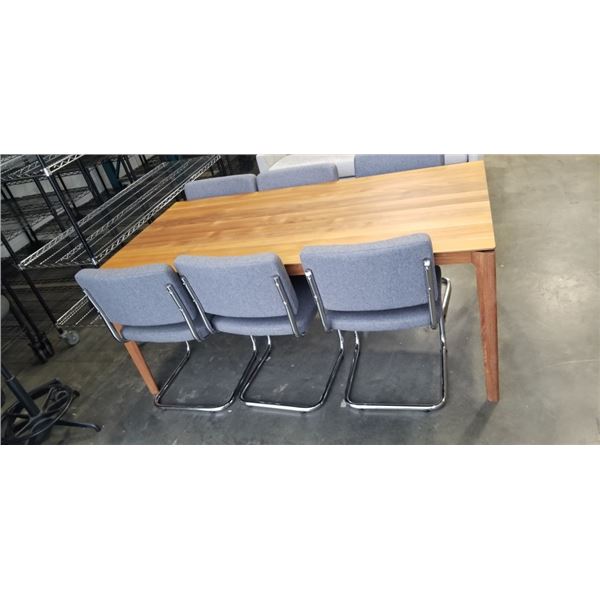 MODERN WALNUT SOLID DINING TABLE WITH 8 GREY FABRIC AND CHROME DINING CHAIRS, ALL IN VERY GOOD CONDI