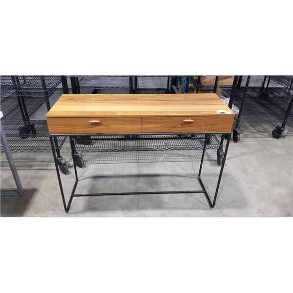 MODERN WALNUT 2 DRAWER SOFA TABLE WITH BLACK METAL FRAME, 43.5 INCH LONG, 33 INCH TALL AND 16 INCH D