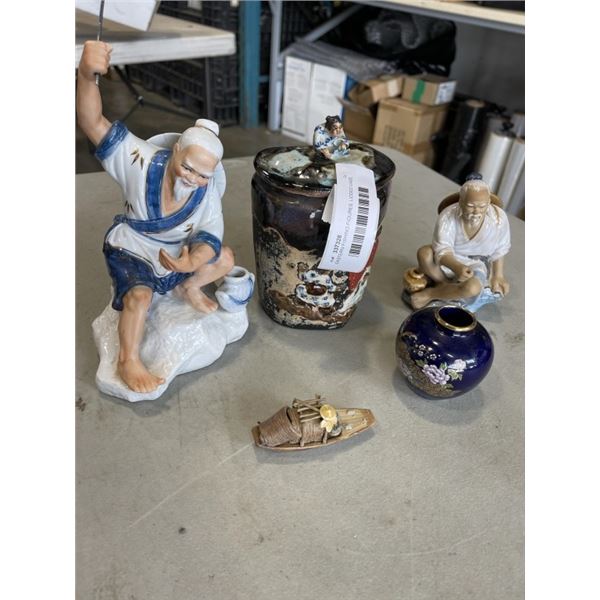 EASTERN FISHING FIGURES, LIDDED VASE, MINIATURE VASE AND FISHING BOAT
