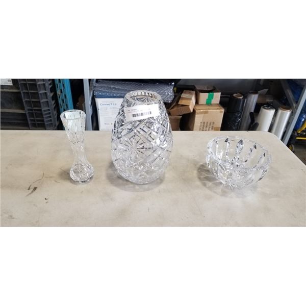 3 HEAVY CRYSTAL VASES AND BOWL, GOOD CONDITION