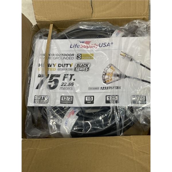 HEAVY DUTY 75 FT LIGHTED INDOOR / OUTDOOR 3-WIRE GROUNDED BLACK 3 OUTLET EXTENSION CORD. 12AWG/3C