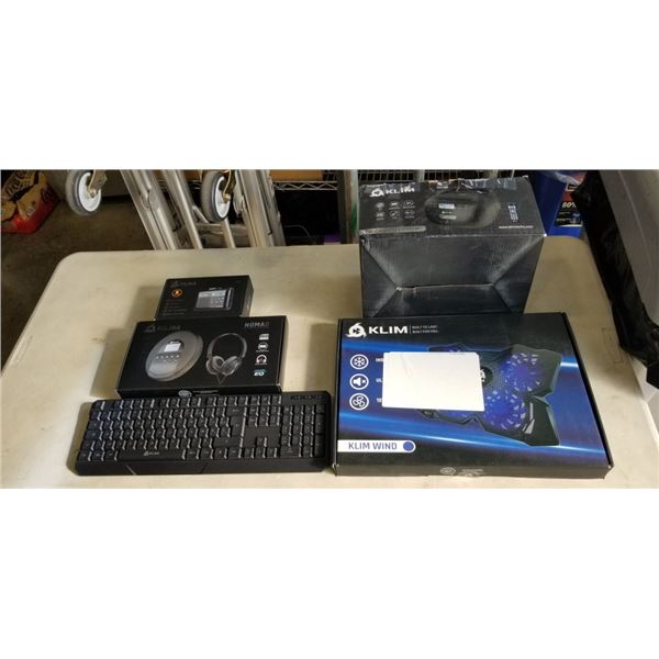 KLIM ITEMS INCLUDING WIND LAPTOP COOLER, CD-CASETTE PLAYER, CHROMA KEYBOARD, PORTABLE CD PLAYER, AND