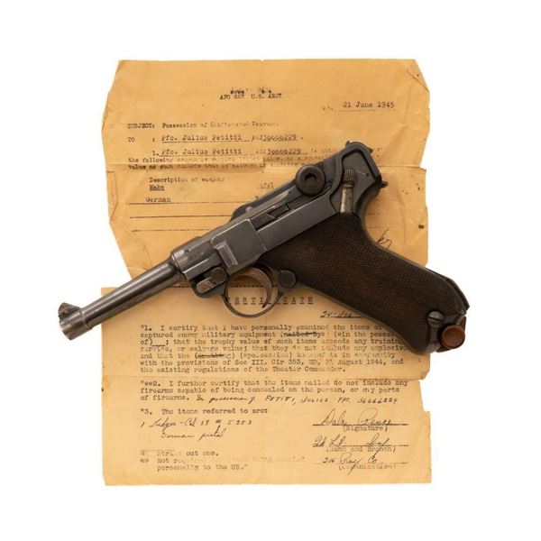 WWI German 1915 Dated DWM Luger Semi-Automatic Pistol with WWII Dated Capture Papers