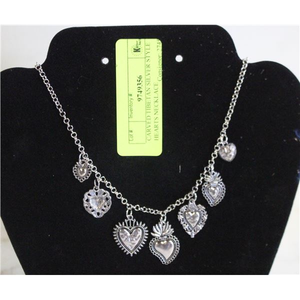 CARVED TIBETAN SILVER STYLE HEARTS NECKLACE