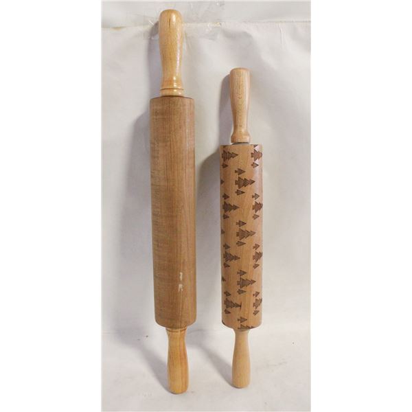 2 WOOD ROLLING PINS, 1 WITH CHRISTMAS