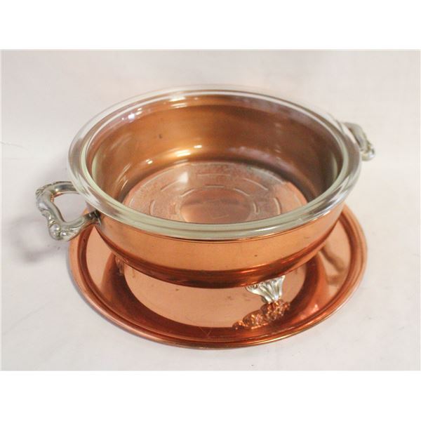 VINTAGE COPPER GLASS STAMPED CASSEROLE