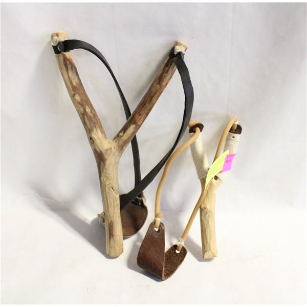 2 WOODEN HANDLED + LEATHER SLING SHOTS TOGETHER