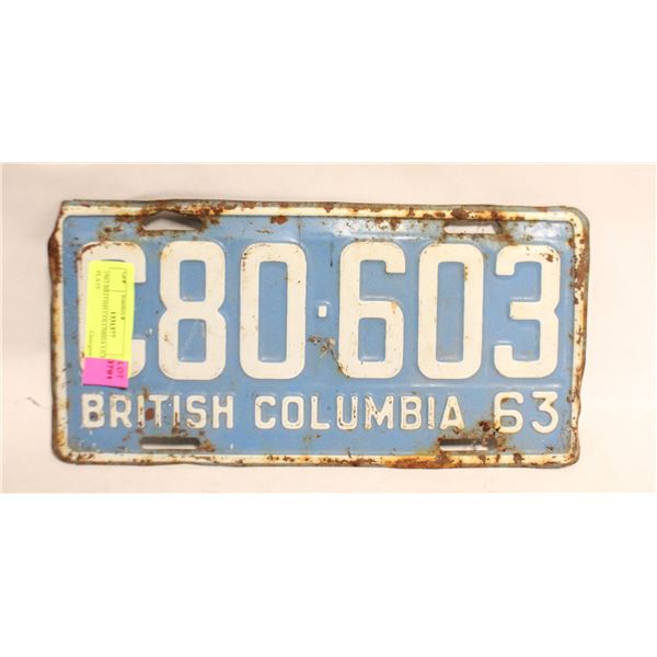 1963 BRITISH COLUMBIA LICENSE PLATE