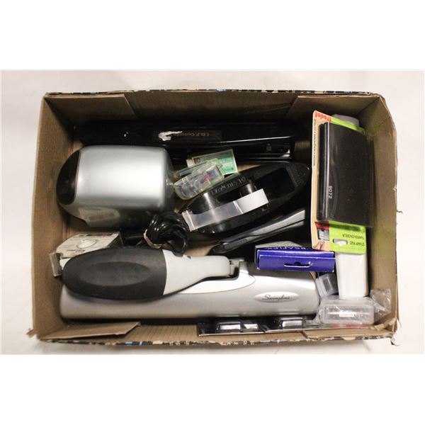 BOX OF OFFICE SUPPLIES - INCL ELECTRIC SHARPENER