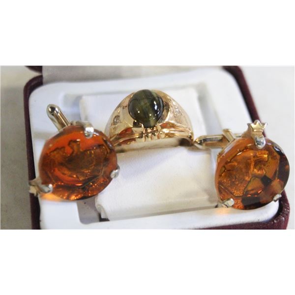 GOLD PLATED RING WITH TIGER CUFFLINKS