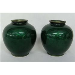 Pair Green Irridescent Enamelware Vases