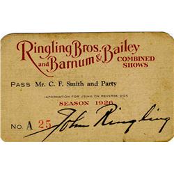 John Ringling Signed Pass 1926