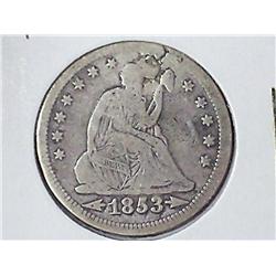 1853 With Rays Seated Liberty Quarter (Holed &