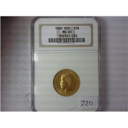1904 Russia Ten Rubel NGC MS65 .2489 Oz AGW