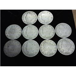 Ten Assorted Liberty "V" Nickels