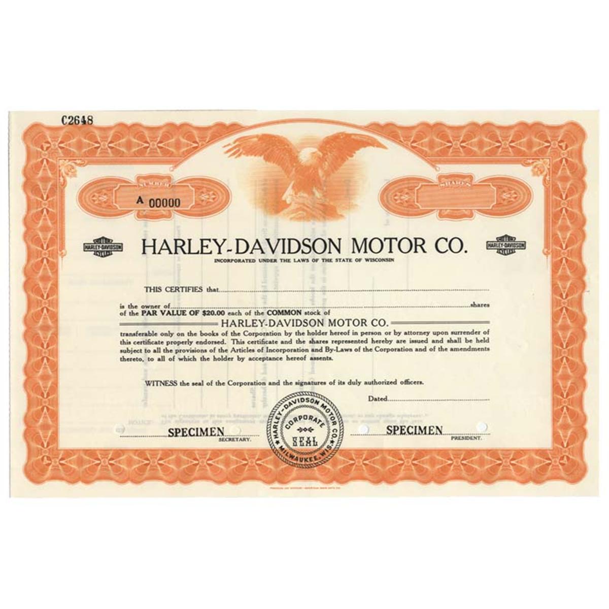 A Scarce Early Harley Davidson Stock Certificate Specimen