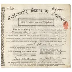A LARGE DENOMINATION BRITISH SHAREHOLDER'S CONFEDERATE SCRIP CERTIFICATE FOR $75,000
