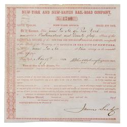 NEW-YORK & NEW-HAVEN RAILROAD COMPANY SIGNED BY "AMERICA'S FIRST RAILROAD KING" ROBERT SCHUYLER AS T