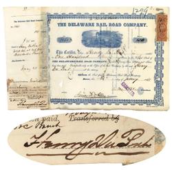 Delaware Rr Co. Stock Issued To And Signed On Attached Stub By Henry Dupont
