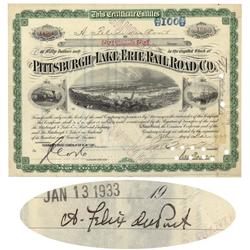 Pittsburgh & Lake Erie Rail Road Co. Issued To A. Felix Dupont And Signed By Him On Verso