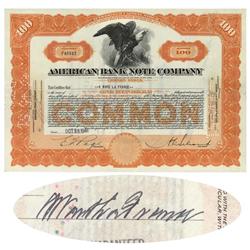 American Bank Note Co. Stock Issued To And Signed By A. Ward La France On Verso
