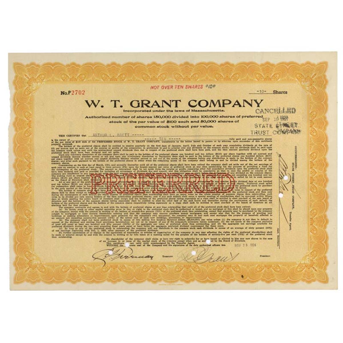 W T. Grant Company Signed By Grant As President