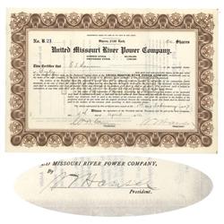 United Missouri River Power Co. Issued To And Signed Twice By Samuel T. Hauser