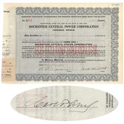 Rochester Central Power Corp. Issued To And Signed On Verso By Carl F. Lomb