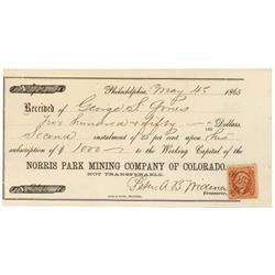 Norris Park Mining Company Of Colorado Signed By Peter A.b. Widener As Treasurer
