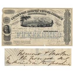 A Cincinnati Railway Tunnel Company Stock Certificate Issued To And Signed On  Verso By John C. Frem