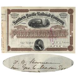 Northern Pacific Stock Issued To And Signed By Union General Thomas W. Sherman