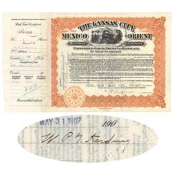 Fed Chairman Wiiliam P.g. Harding Signed Kansas City, Mexico And Orient Stock