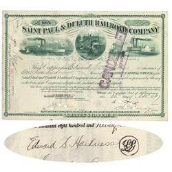 Saint Paul & Duluth Railroad Company Issued To And Signed On Verso By Edward Harkness