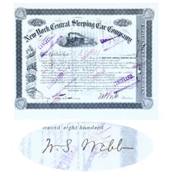 New York Central Sleeping Car Co. Issued To And Signed Twice By William Seward Webb