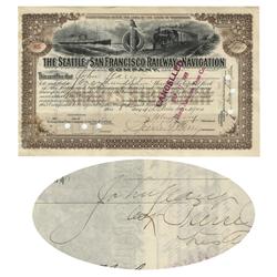 Stock Certificate Of The Seattle and San Francisco Railway And Navigation Company Issued To And Sign