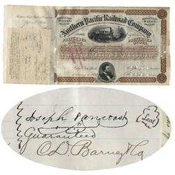 Northern Pacific Railroad Stock Issued To and Signed Twice by Pioneer Surgeon Joseph Pancoast