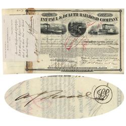 St. Paul & Duluth Railroad Stock Issued To Legendary Wall Street Investment Banker Anthony J. Drexel