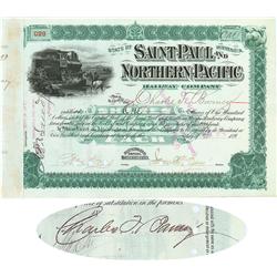Saint Paul And Northern Pacific RW Co. Issued To And Signed By Charles T. Barney