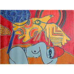 Corneille, Nude with Bird,  Terragraph on Canvas 